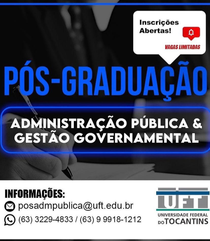 Inscrições abertas para curso de especialização em Administração Pública e Gestão Governamental da UFT